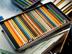 Tray of colored pencils