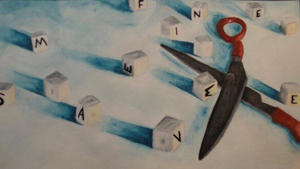 Drawing of a pair of scissors next to dice with letters on them