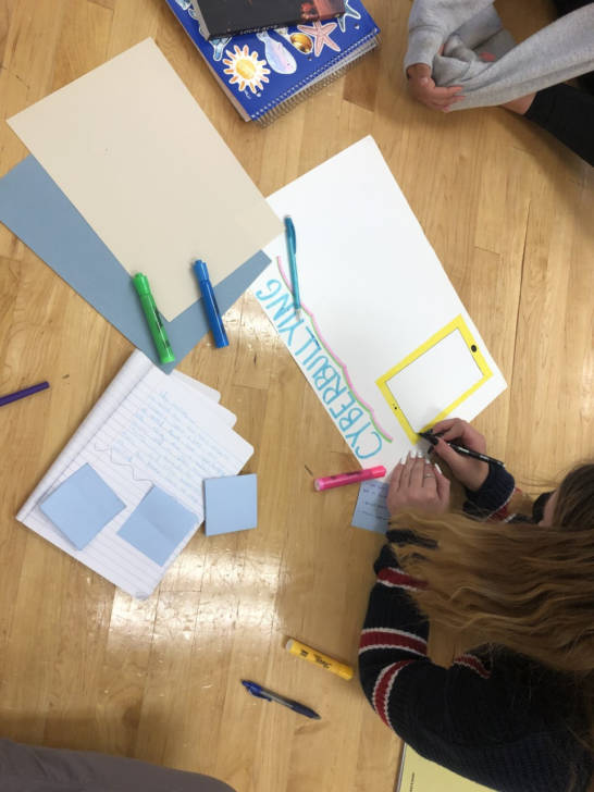 girls making signs to help prevent cyberbullying