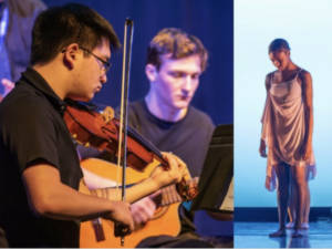 Four images of students performing